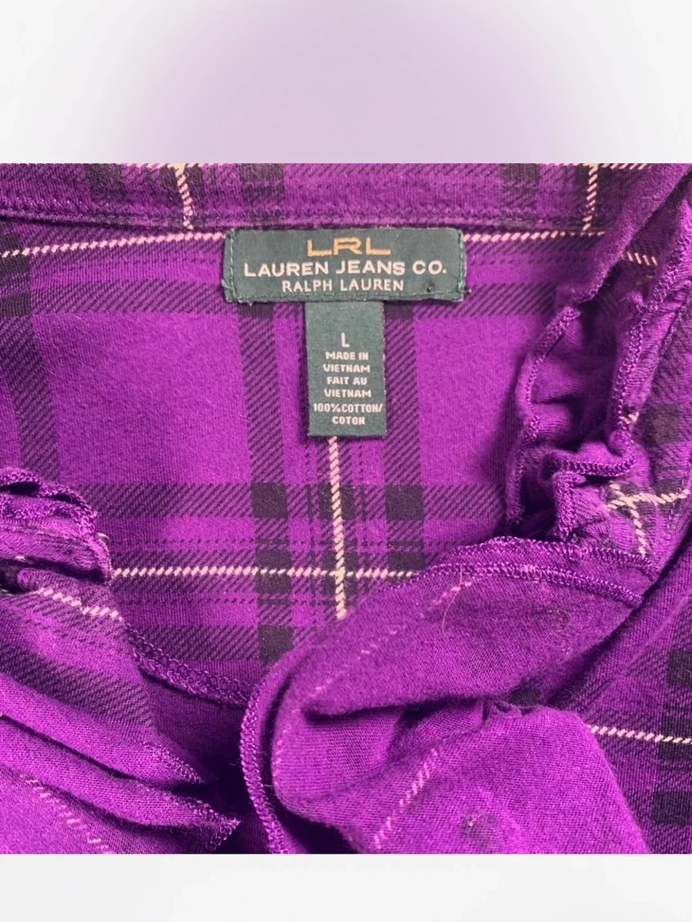 Ralph Lauren Purple Plaid Ruffle Front Top size L